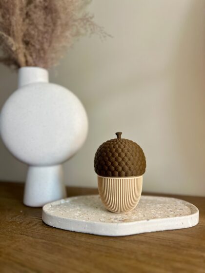3D geprinte eikel met bruine gestructureerde dop en crème geribbelde voet